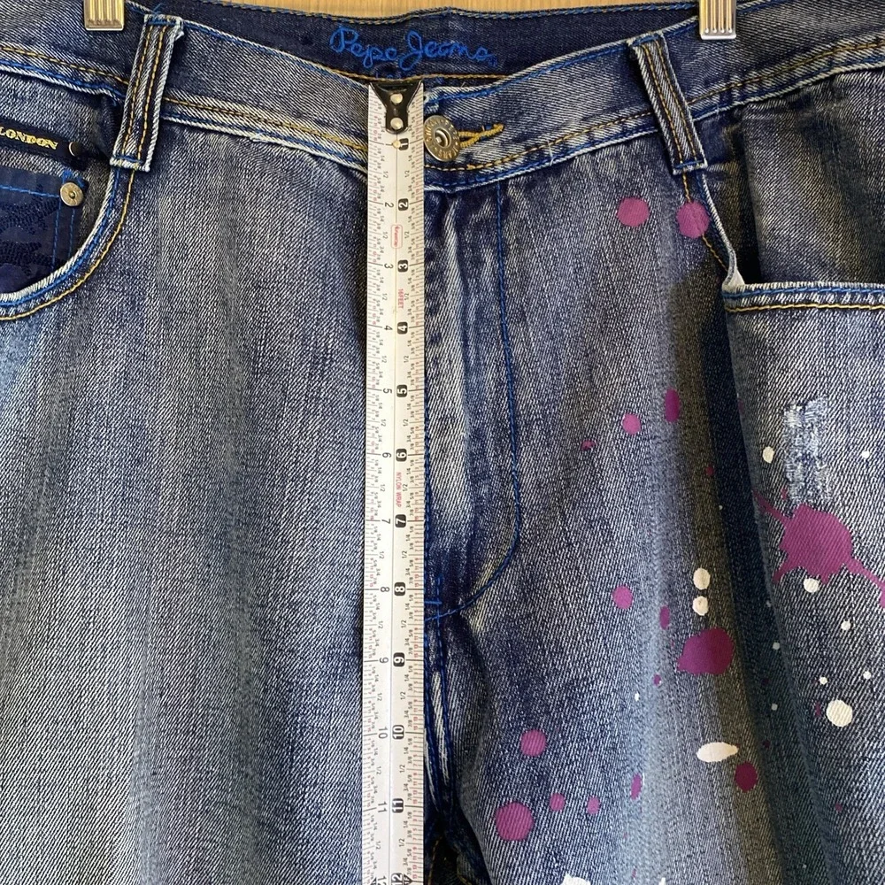 Pepe Jeans‎ Mens 36 Straight Leg Blue Paint Splatter Barbed Wire Graphic Denim